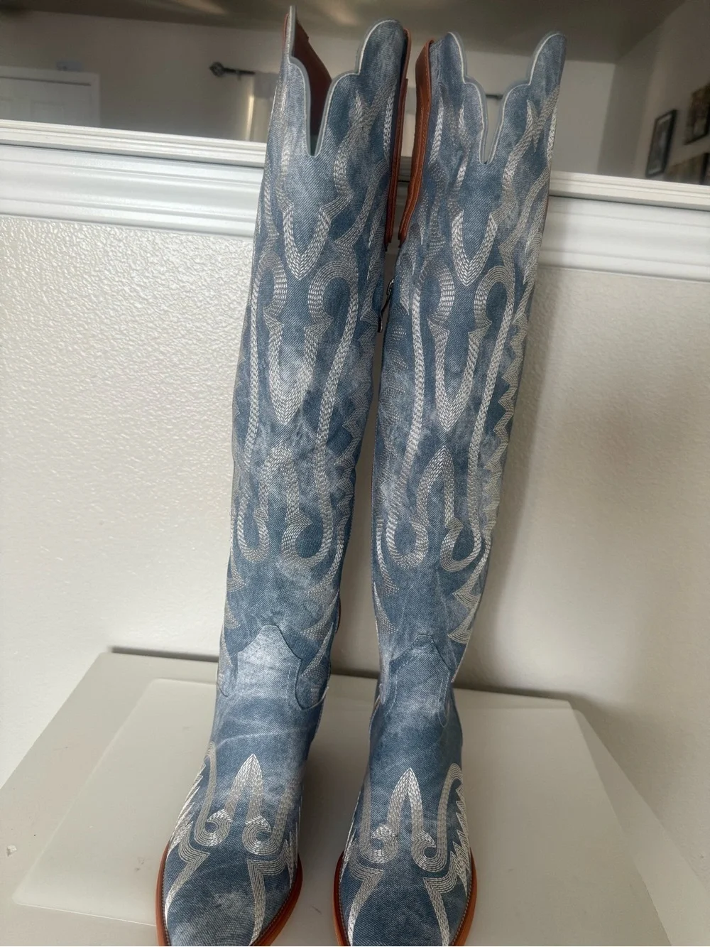 Women’s Blue Embroidered Western Knee-High Boots